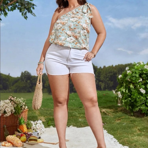 Boho Plus Size Floral Print One Shoulder Top Blouse - Picture 5 of 6